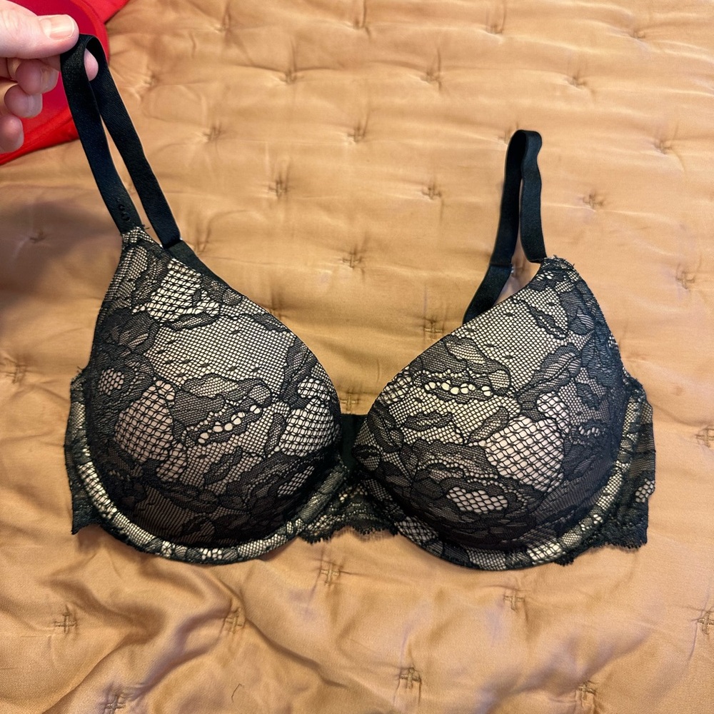 Black Lace Bra with Nude Lining - Victoria’s Secret. Biofit Demi Uplift bra 34D